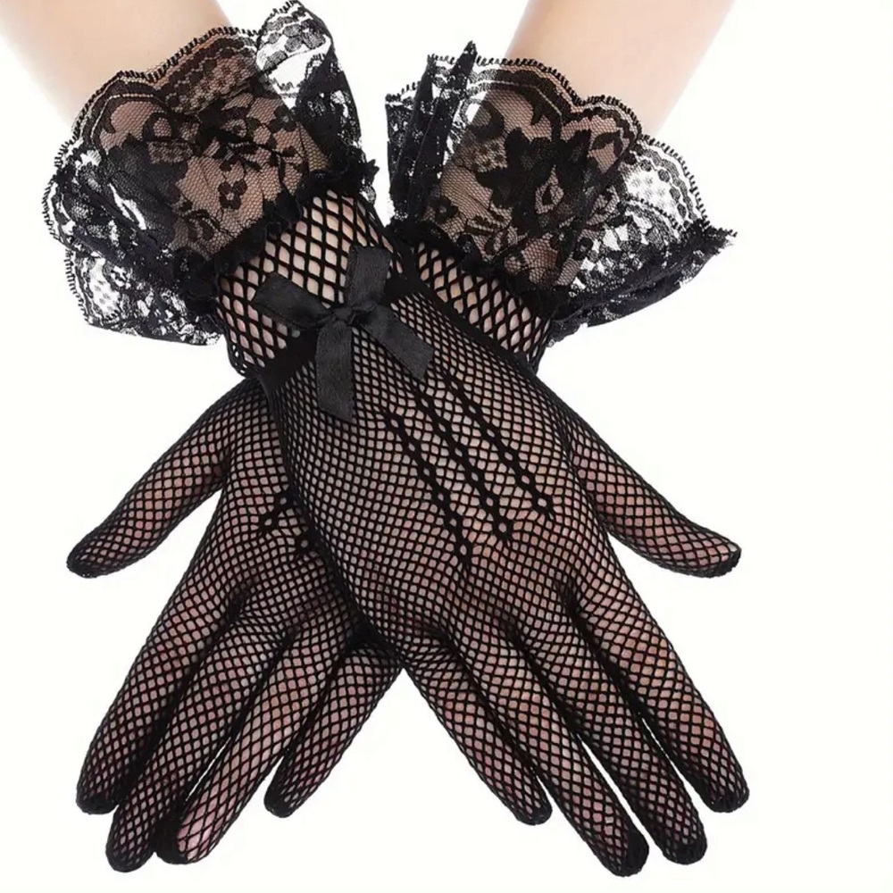Black Fishnet Bow Design with Lace Gloves